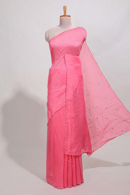 pink with mirror work  linen cotton saree with patch work style  printed blouse