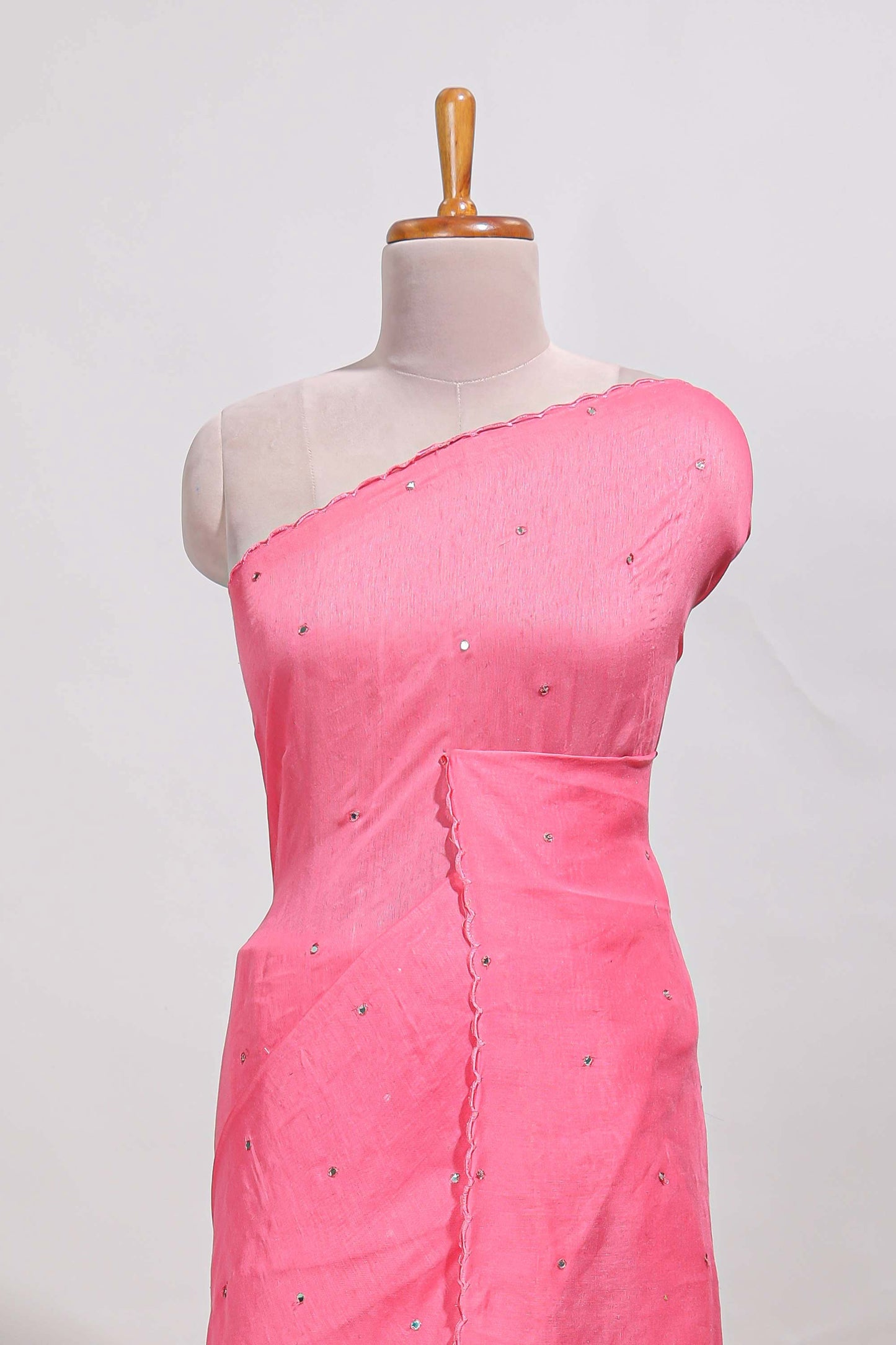 pink with mirror work  linen cotton saree with patch work style  printed blouse