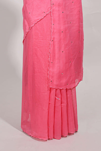 pink with mirror work  linen cotton saree with patch work style  printed blouse
