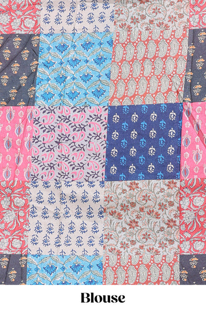 pink with mirror work  linen cotton saree with patch work style  printed blouse