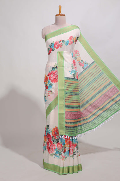 plain  linen cotton saree with floral printed border and  floral butta  printed blouse