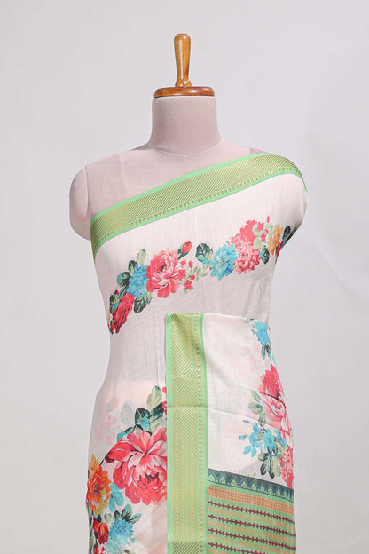 plain  linen cotton saree with floral printed border and  floral butta  printed blouse