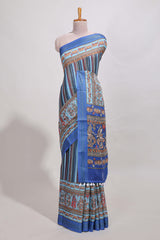 Bluelinen cotton saree chevron printed with floral printed border and plain blouse