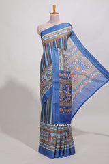 Bluelinen cotton saree chevron printed with floral printed border and plain blouse