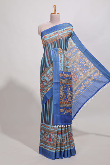 Blue  linen cotton saree chevron printed with floral printed border and plain blouse