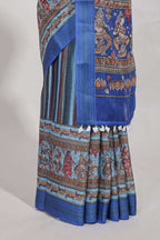 Blue  linen cotton saree chevron printed with floral printed border and plain blouse
