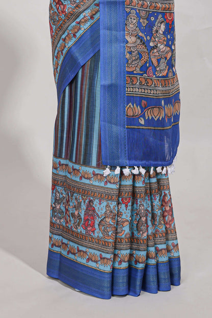 Blue  linen cotton saree chevron printed with floral printed border and plain blouse