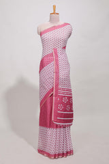 White and pink geomentric printed linen cotton saree with matching blouse and printed pallu