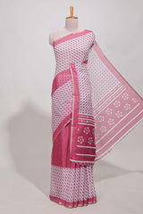 White and pink geomentric printed linen cotton saree with matching blouse and printed pallu