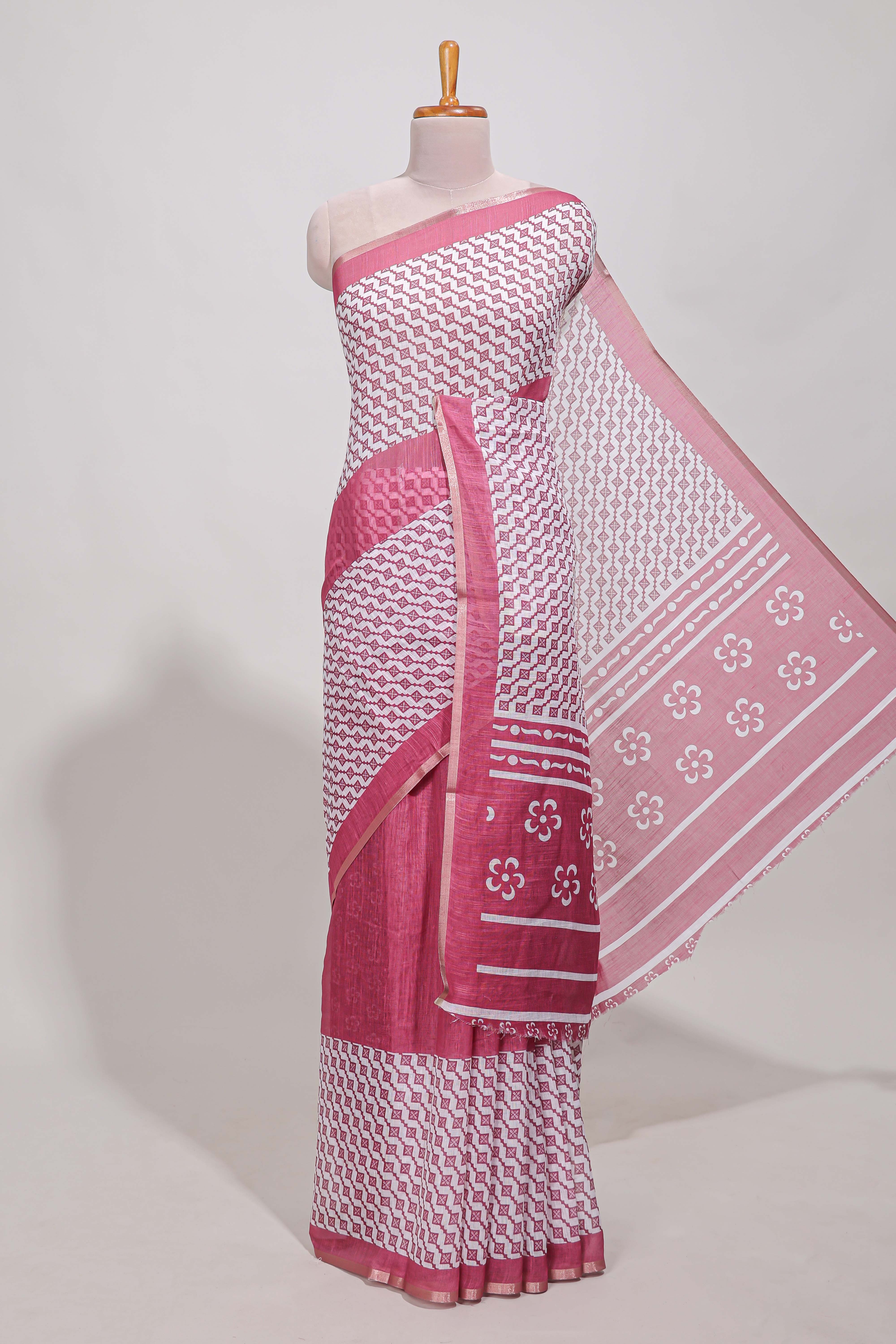 White and pink geomentric style linen cotton saree with matching blouse and printed pallu