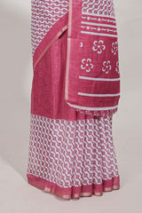 White and pink geomentric printed linen cotton saree with matching blouse and printed pallu