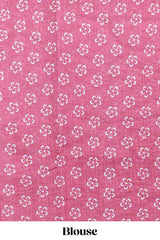 White and pink geomentric printed linen cotton saree with matching blouse and printed pallu