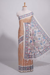 Beige color linen saree with floral and geometric prints multicolour floral border andprinted pallu with tassels with a contrast blouse piece