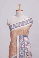 Beige color linen saree with floral and geometric prints multicolour floral border andprinted pallu with tassels with a contrast blouse piece