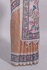 Beige color linen saree with floral and geometric prints multicolour floral border andprinted pallu with tassels with a contrast blouse piece