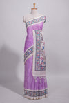 Lavender color linen saree with floral and geometric prints multicolour floral border andprinted pallu with tassels with a contrast blouse piece