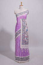 Lavender color linen saree with floral and geometric prints multicolour floral border and  printed pallu with tassels with a contrast blouse piece