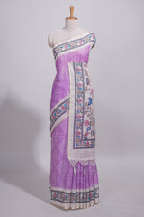 Lavender color linen saree with floral and geometric prints multicolour floral border andprinted pallu with tassels with a contrast blouse piece