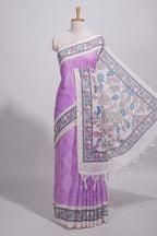 Lavender color linen saree with floral and geometric prints multicolour floral border and  printed pallu with tassels with a contrast blouse piece