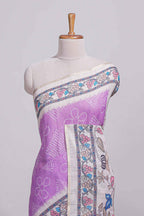 Lavender color linen saree with floral and geometric prints multicolour floral border and  printed pallu with tassels with a contrast blouse piece