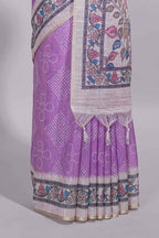 Lavender color linen saree with floral and geometric prints multicolour floral border and  printed pallu with tassels with a contrast blouse piece