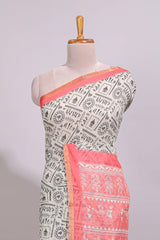 Cream warli design linen cotton saree with contrast zari border and contrast printed blouse
