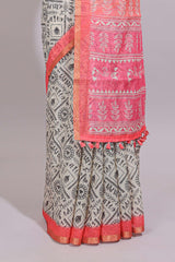 Cream warli design linen cotton saree with contrast zari border and contrast printed blouse