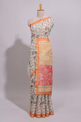 Cream warli design linen cotton saree with contrast zari border and contrast printed blouse