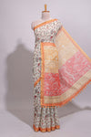 Cream warli design linen cotton saree with contrast zari border and contrast printed blouse