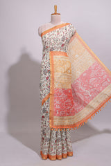 Cream warli design linen cotton saree with contrast zari border and contrast printed blouse