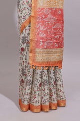 Cream warli design linen cotton saree with contrast zari border and contrast printed blouse