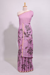Mauve floral design linen cotton saree with self zari border and contrast floral print blouse