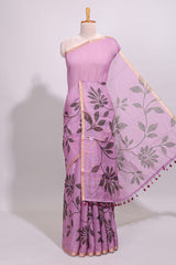 Mauve floral design linen cotton saree with self zari border and contrast floral print blouse