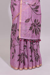 Mauve floral design linen cotton saree with self zari border and contrast floral print blouse