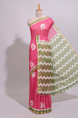 Pink butta design linen cotton saree with contrast border and chevron design pallu