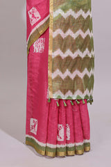 Pink butta design linen cotton saree with contrast border and chevron design pallu