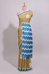 Old yellow geometric butta design linen cotton saree with contrast border and chevron design pallu