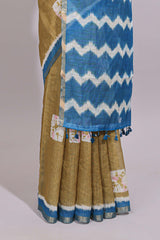 Old yellow geometric butta design linen cotton saree with contrast border and chevron design pallu