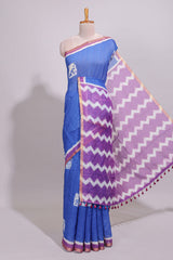 Blue geometric butta design linen cotton saree with contrast border and chevron design pallu