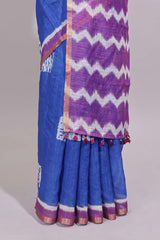 Blue geometric butta design linen cotton saree with contrast border and chevron design pallu