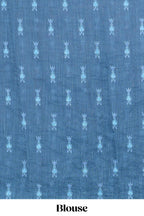 Blue geometric ikkat design linen cotton saree with contrast zari border and printed blouse