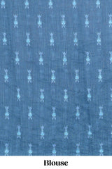 Blue geometric ikkat design linen cotton saree with contrast zari border and printed blouse