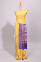 Yellow floral design linen cotton saree with self zari border and contrast printed blouse