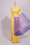 Yellow floral design linen cotton saree with self zari border and contrast printed blouse