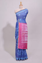 Blue floral design linen cotton saree with self zari border and contrast printed blouse