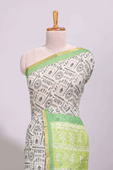 Cream warli design linen cotton saree with contrast zari border and printed blouse