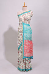 Cream warli design linen cotton saree with contrast zari border and printed blouse