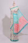 Cream warli design linen cotton saree with contrast zari border and printed blouse