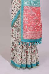 Cream warli design linen cotton saree with contrast zari border and printed blouse