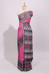 Pink crack design linen cotton saree with contrast zari border and printed blouse
